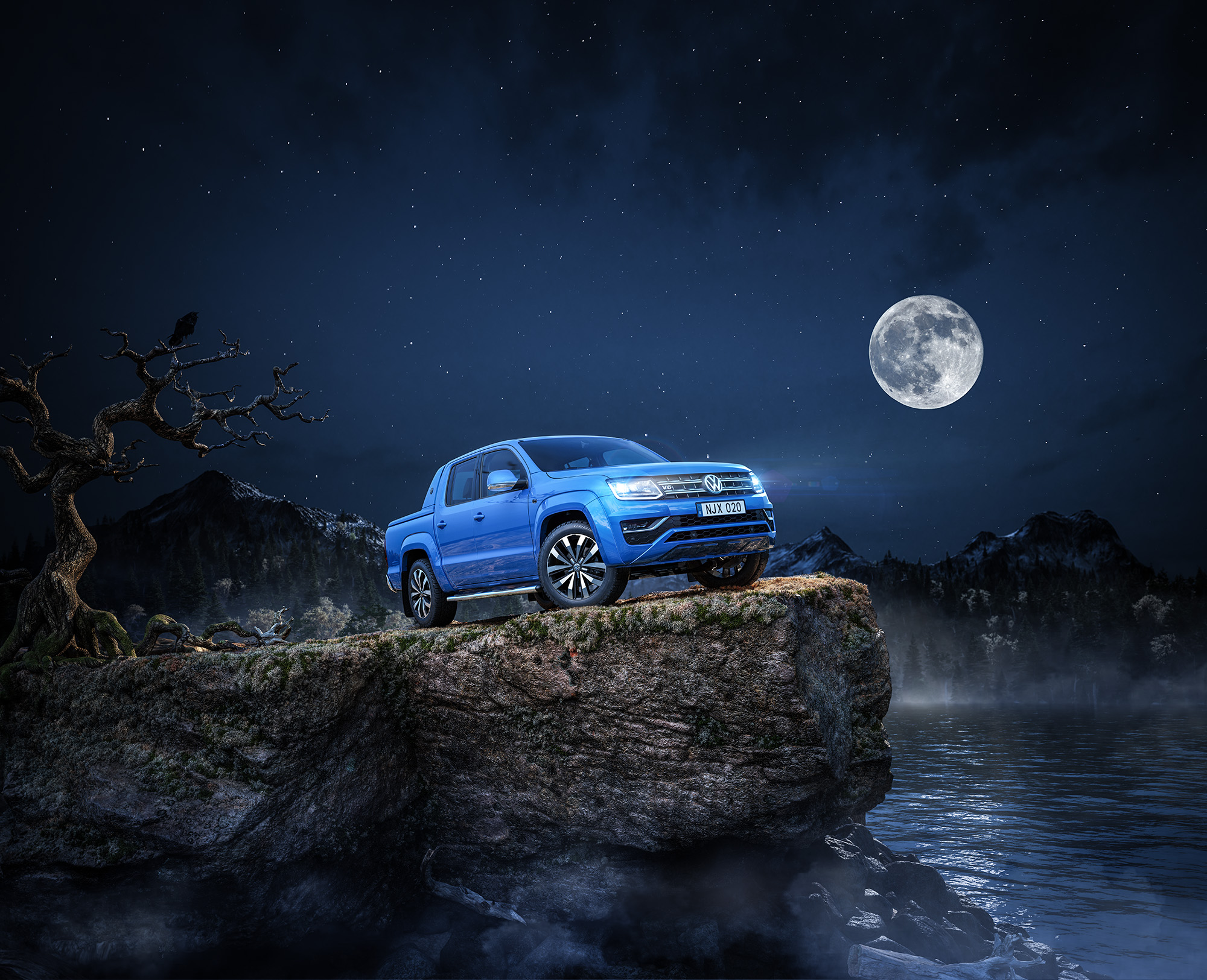 Volkswagen Amarok 2016 vampire full moon night version on a rock in the middle of the lake