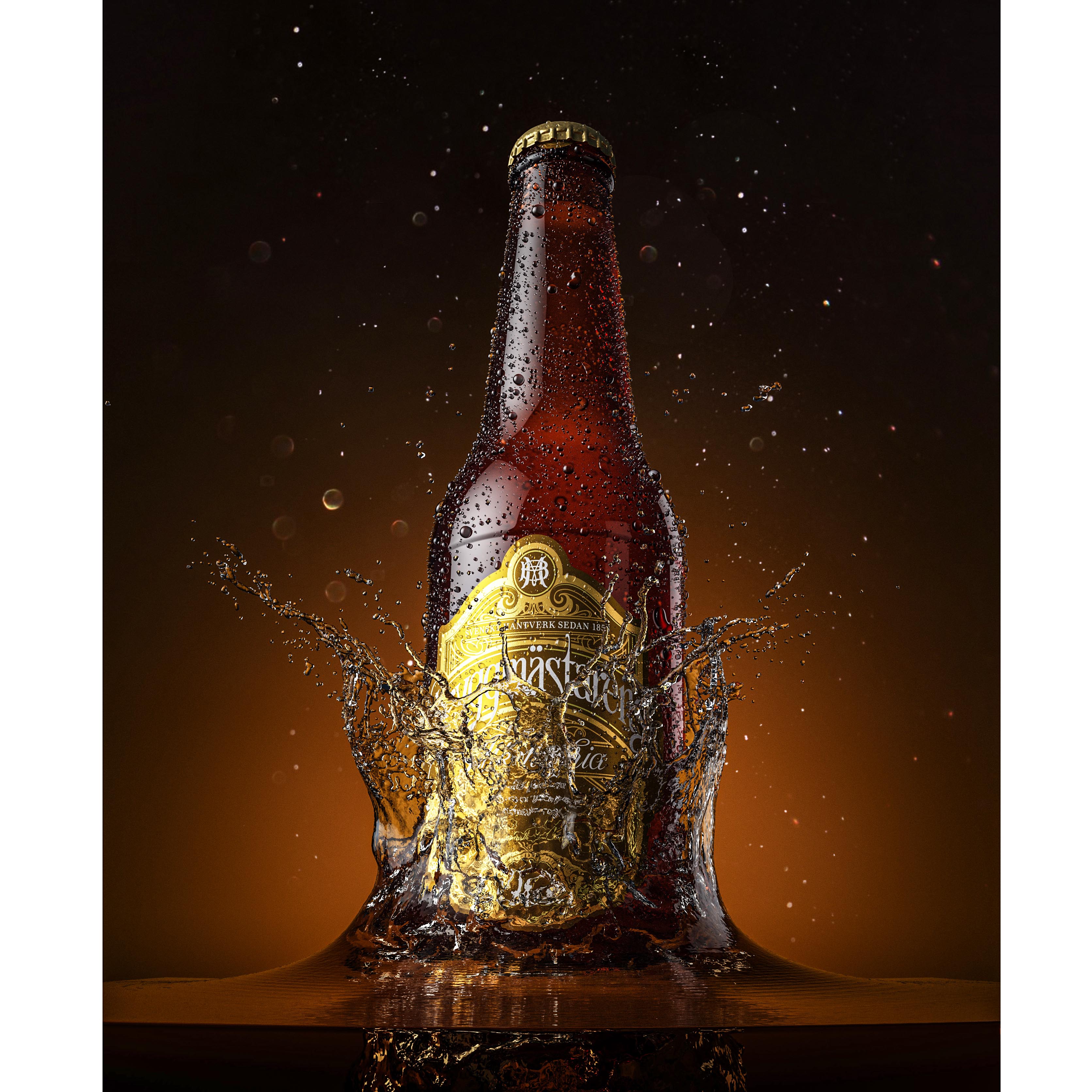 A bottle of beer is dropped in water simulation so it splashes gold, öl flaska åbro vatten skvätt simulering Åbro skrapan lager