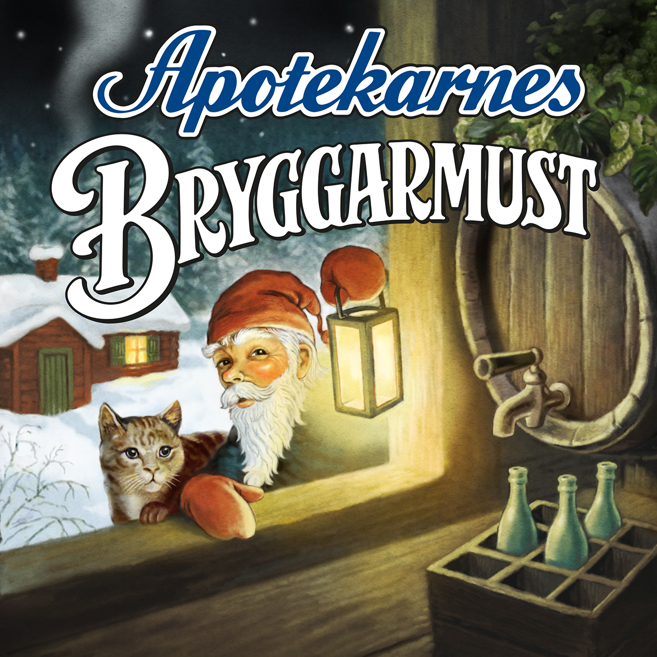 Christmas elf with a cat and a beerbarrel. 