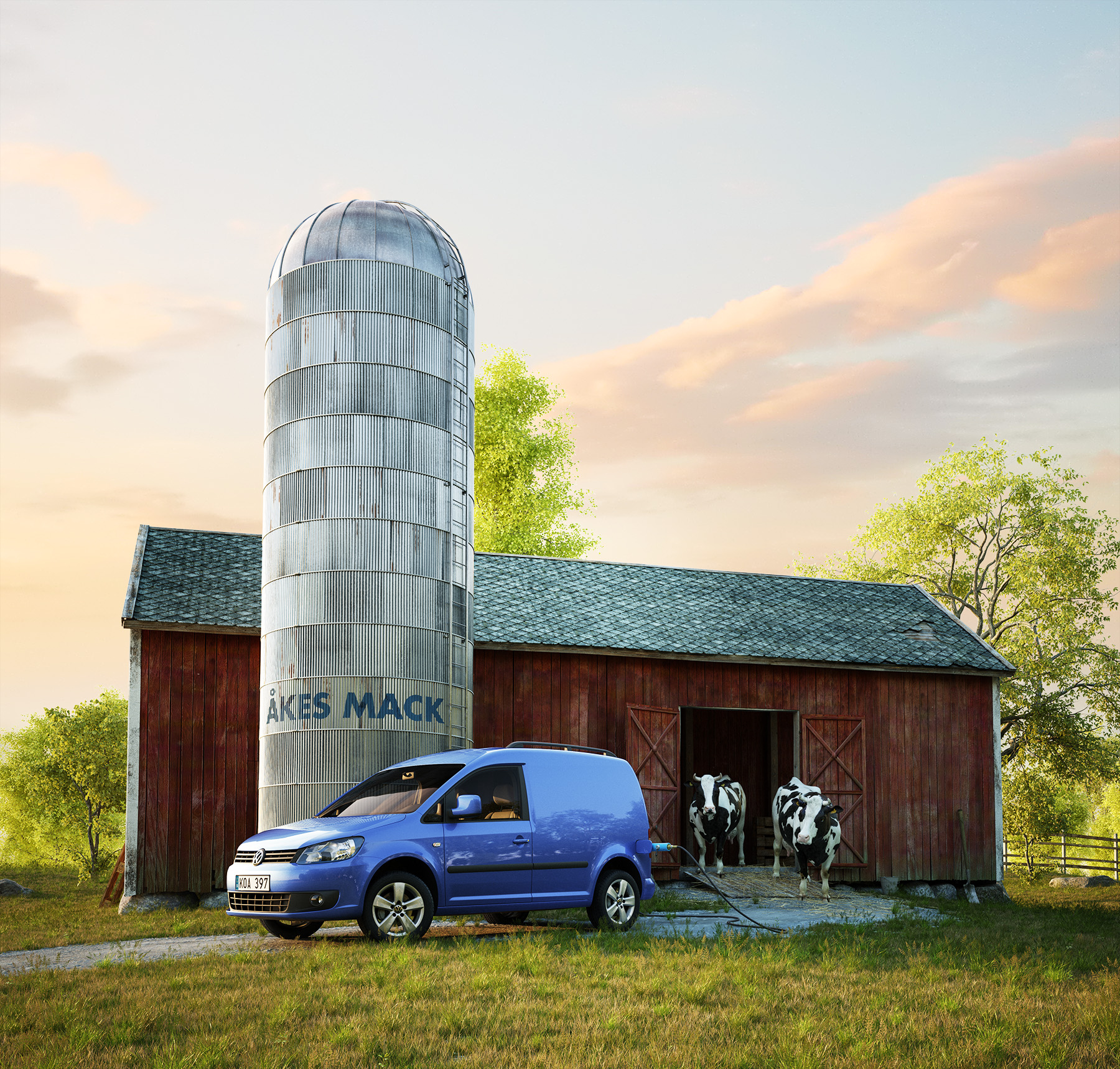 VW volkswagen Caddy Ecofuel car in front of a barn with 2 cows coming out. Lada ladugård kor boskap