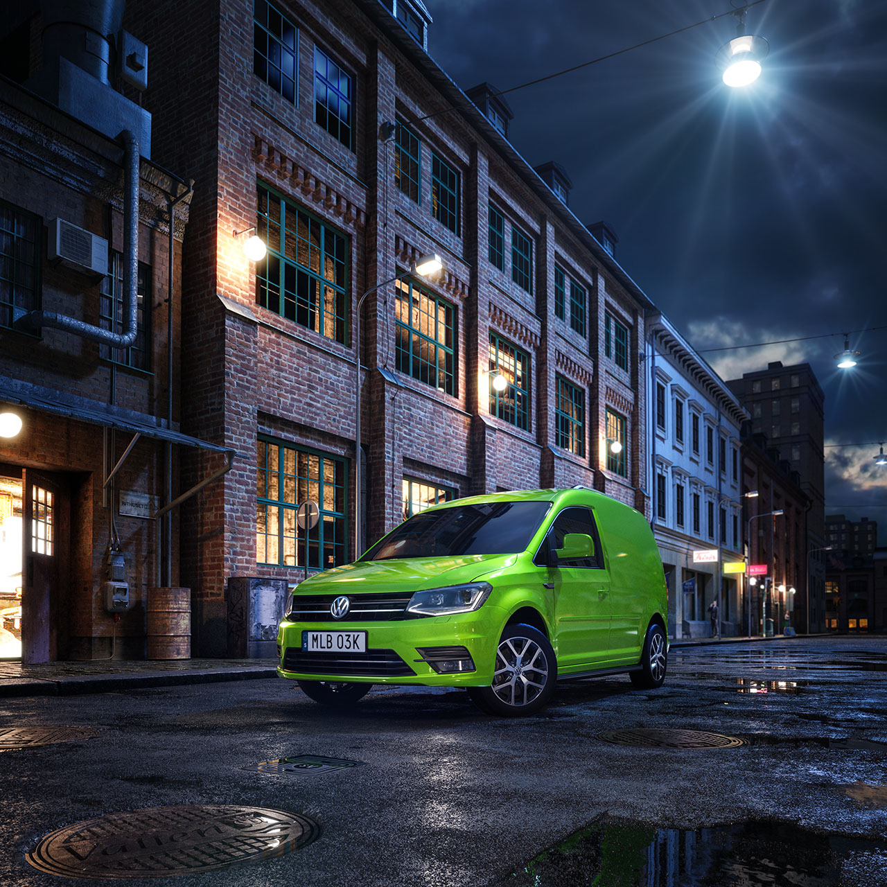 Volkswagen Caddy Venom driving on a street at night, a rainy city road, full cgi image. VW folkvagn stad väg bil