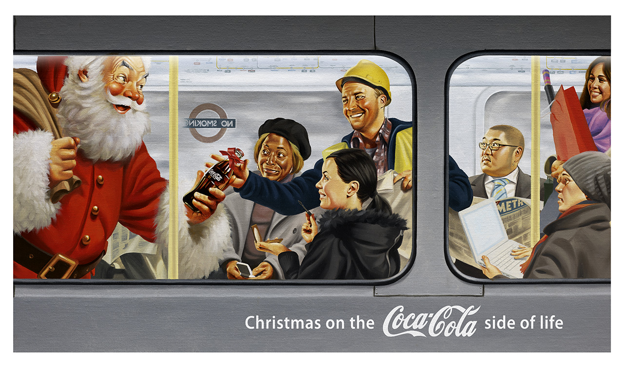 commuters meetin santa in subway having a coke
