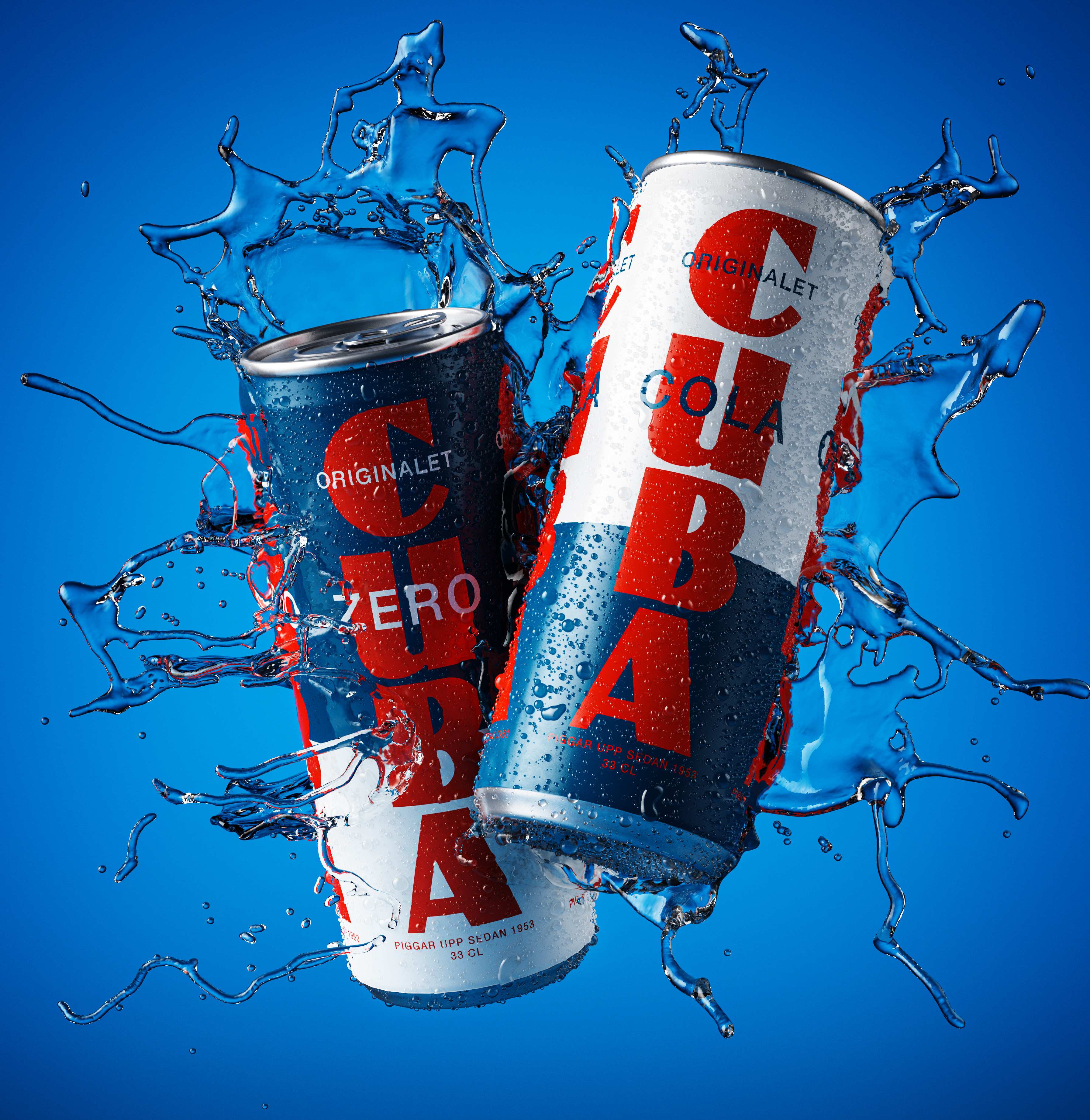 Two bottles of cuba cola, light with water splash swirl stänk vatten packshot dropps dagg