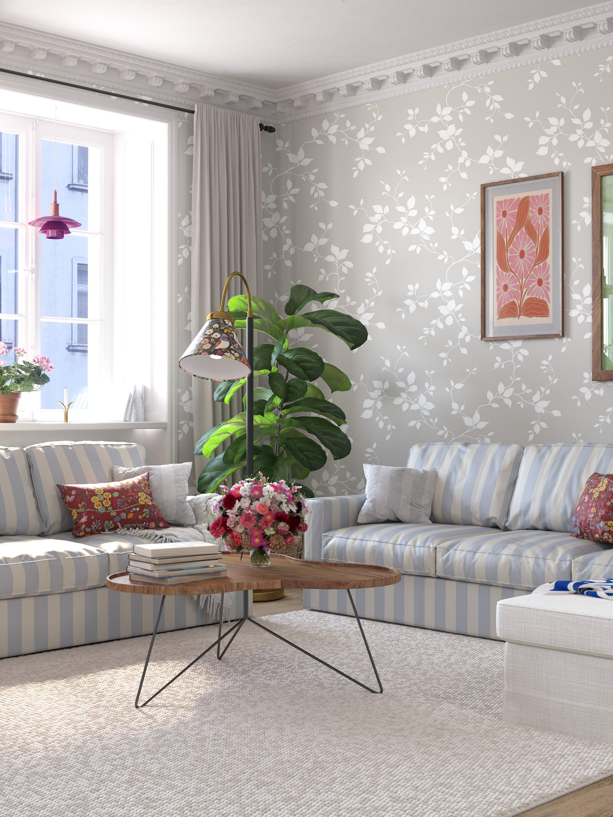 A virtual two-room apartment with a kitchen, designed for presenting Duro wallpapers, with the option to showcase it in VR and AR
