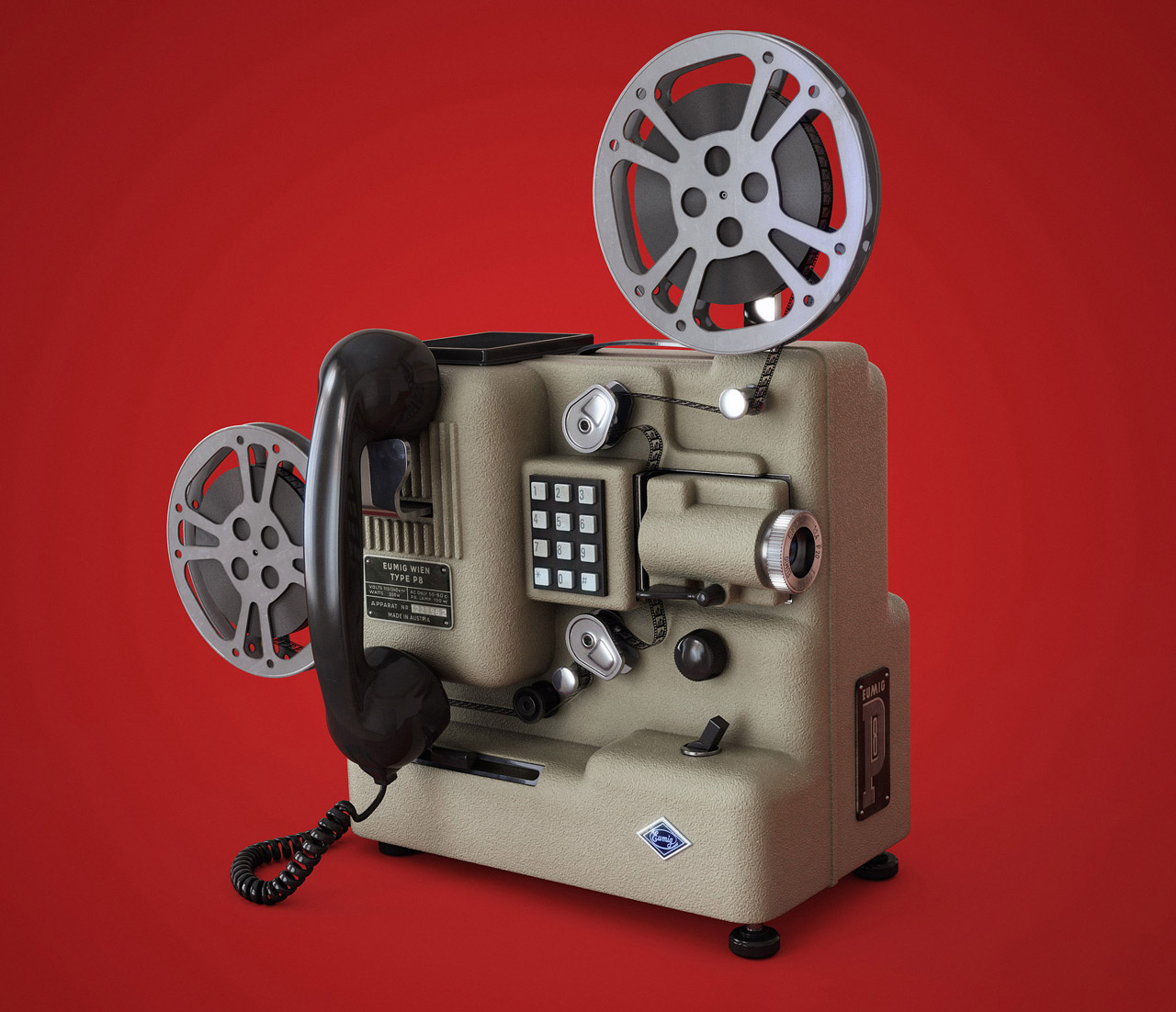 old telephone with movie projector, phonograph, television and lp album skiva telefon filmprojektor grammofon TV teve mobil telefon