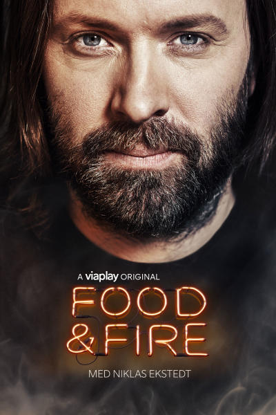 Viaplay tv serie food & fire, with Niklas Ekstedt, neon light sign. Lysrör, logotyp teve