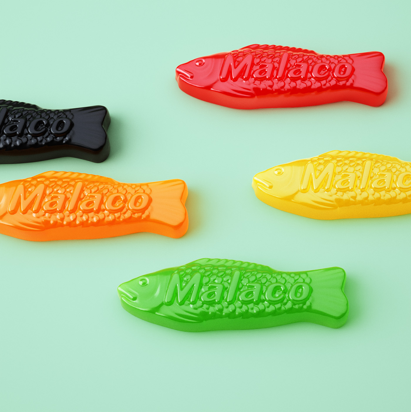 Swedish candy from Malaco, the classic fish coca cola bottle and ferrari car. Godisar fisk bil cola flaska