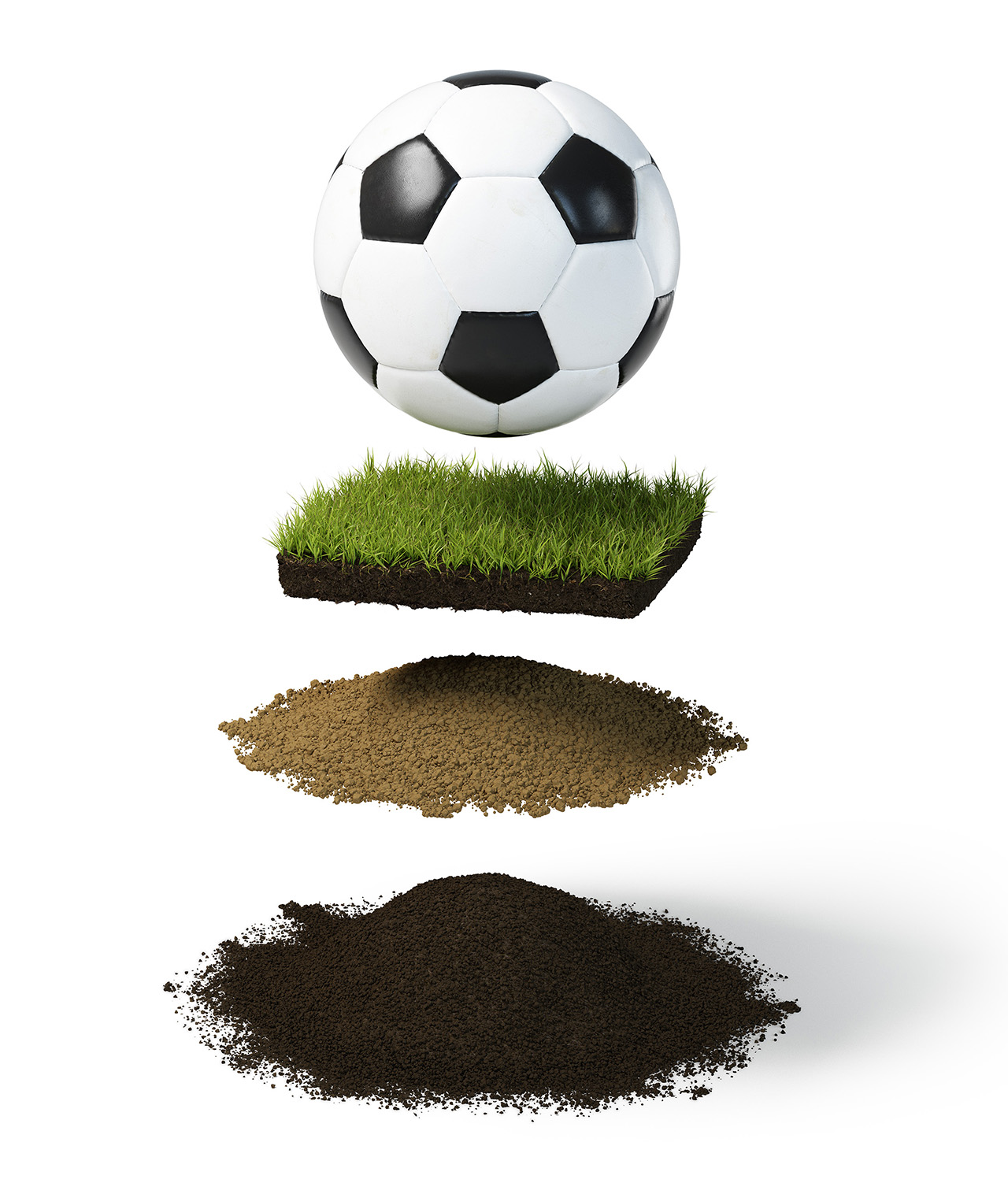 Football and wheel tires on land plants with different layers of gravel stone ground asphalt and sewer pipe fotboll gräs mark hjul genomskärning sand grus stenar