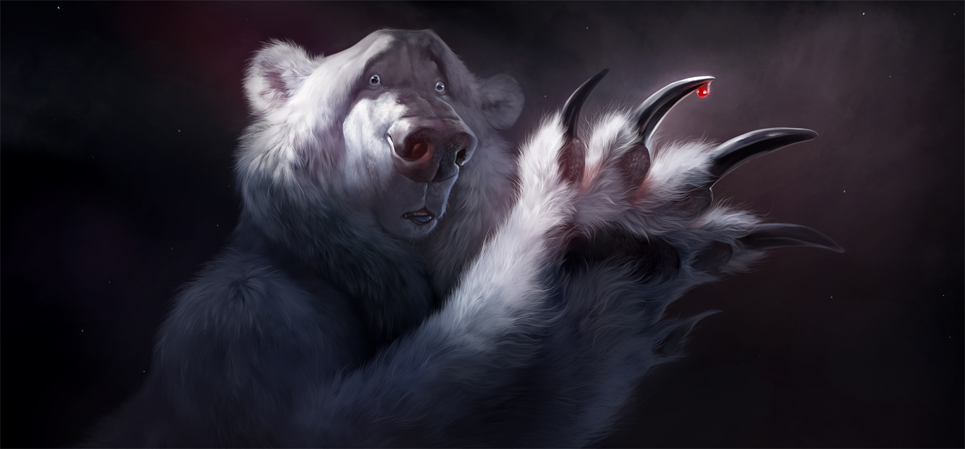 a sad polar bear with blood on clone