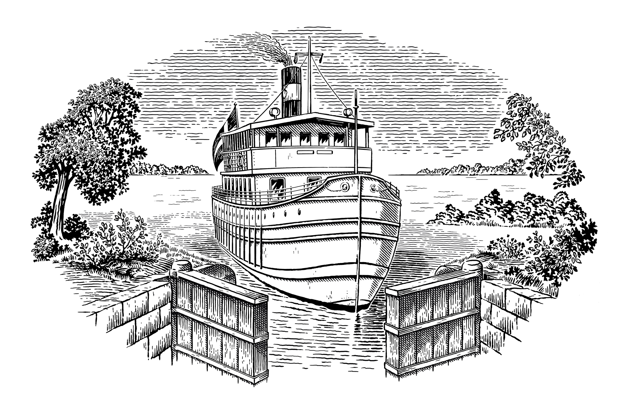 ship, canal, Göta kanal, woodcut