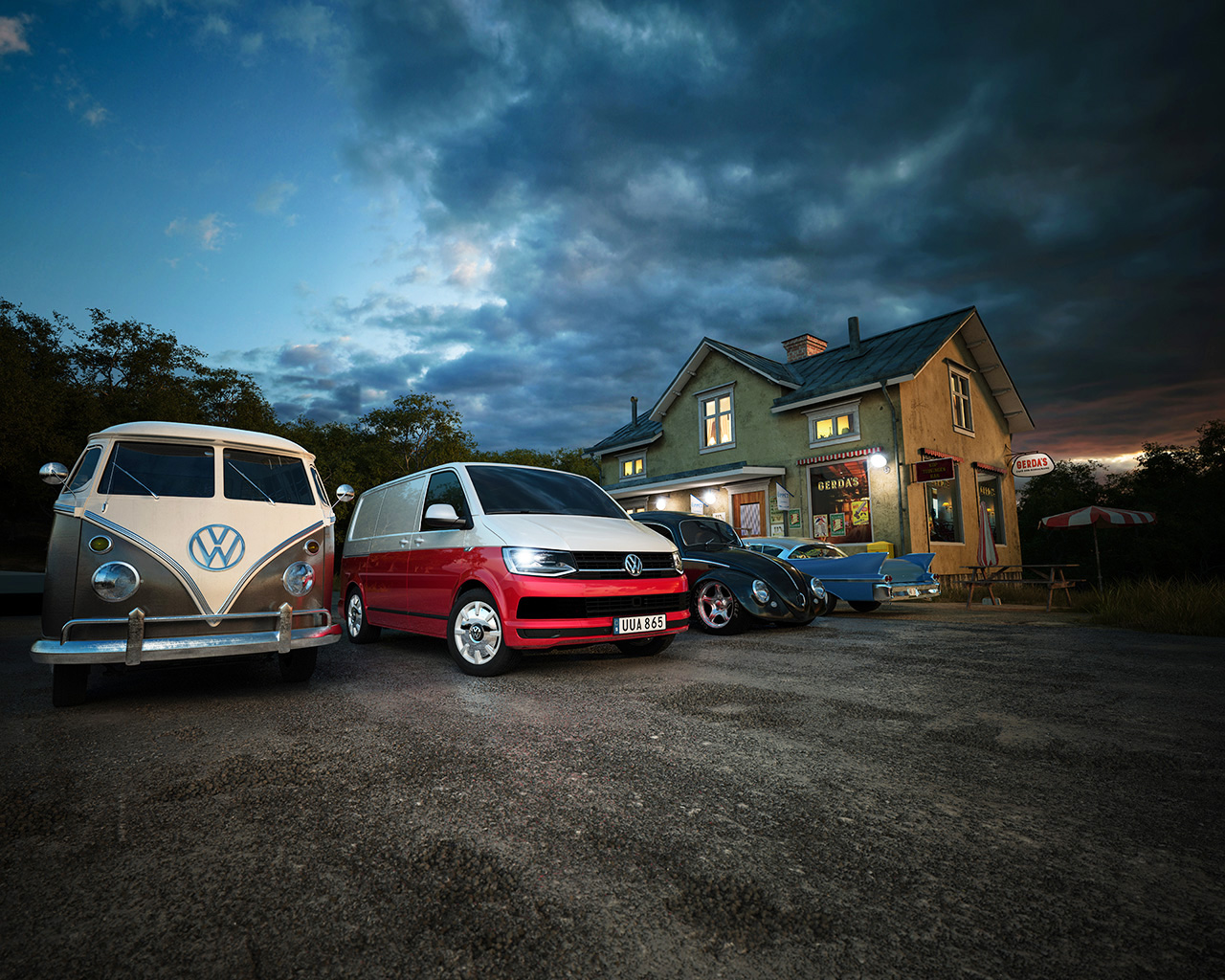 Volkswagen caddy and transporter t6 at the coffee cafe pastry shop rastplats fika raggare 