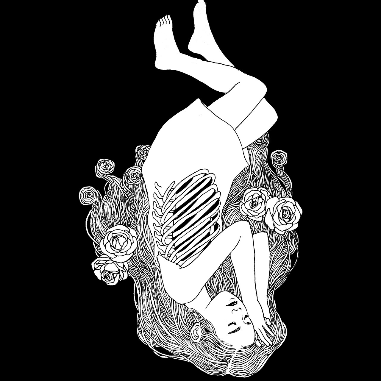 drawing of sleeping girl with flowers in hair and ribs showing illustration av sovande flicka med blommor i håret och revben synliga