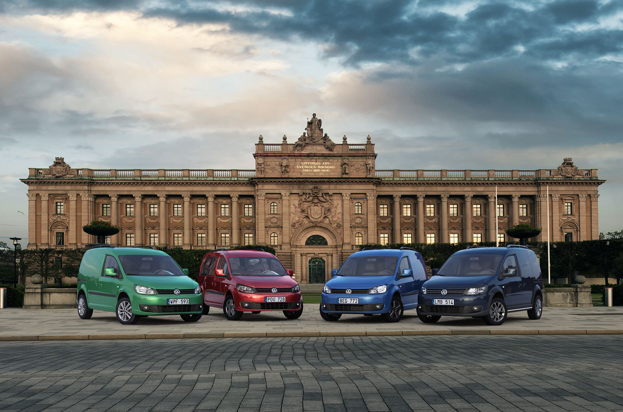 All volkswagen Caddy in front of Riksdagshuset, cars in front of parlamenthouse of parlamen. Riksdagshuset