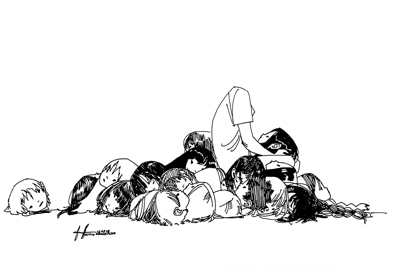 Drawing of headless person sitting on pile of heads Illustration av huvudlös person sittandes på en hög av huvuden
