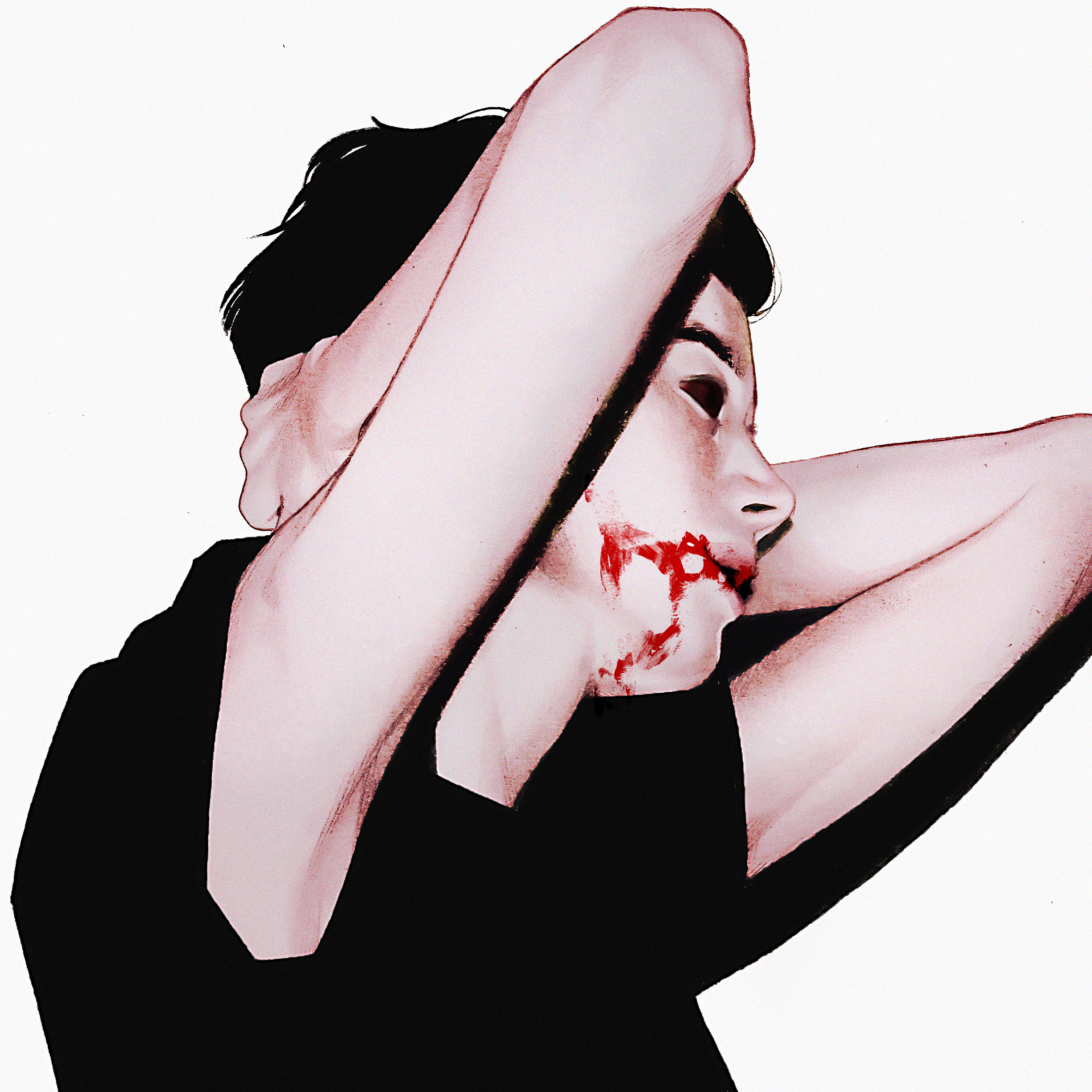 Drawing of boy with black eyes and blood smeared in face Illustration av kille med blod i ansiktet och svarta ögon