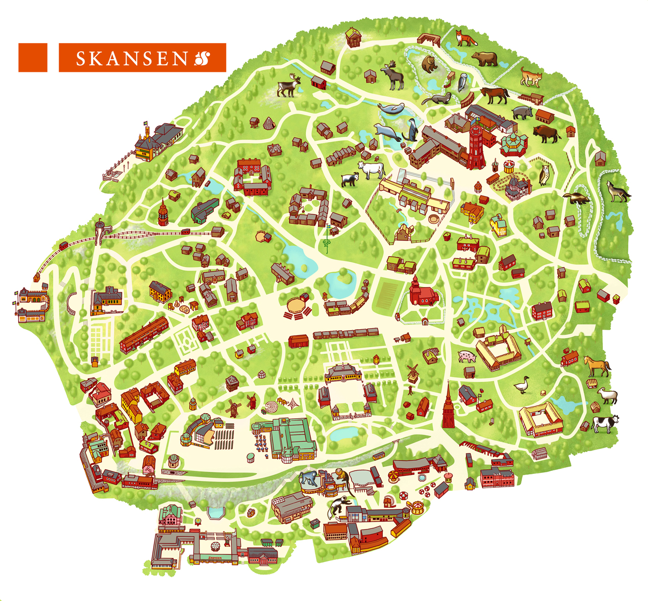 Illustration of a map of the museum Skansen in Stockholm