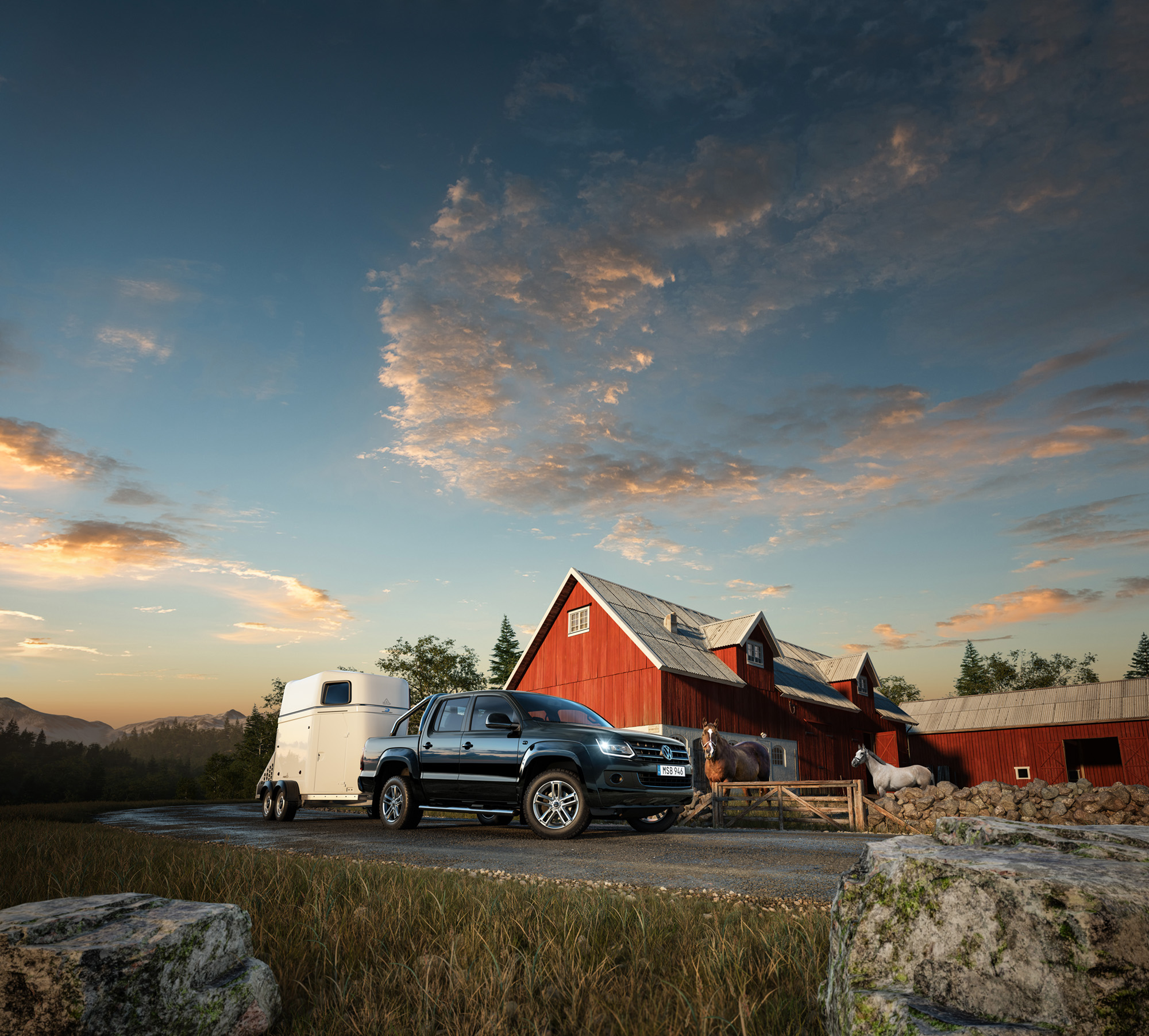 Volkswagen Amarok at the farm, with horse trailer in the summer mountain. Häst gård bondgård bil lastbil sommar fjäll svart