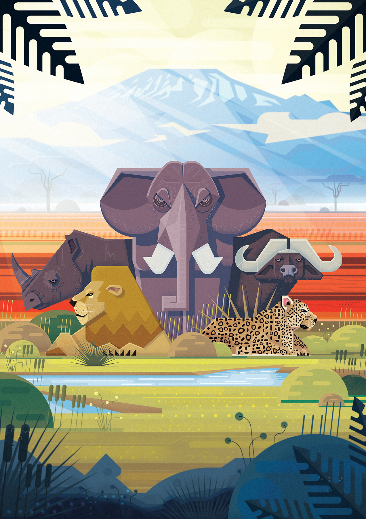 Illustration of The Big Five, character and creature design in a new modernism and geometrical style. The Big Five is the Africans most popular animals that lives in the savannah. These animals are Leopard, Buffalo, elephant, Rhino and the Lion. 