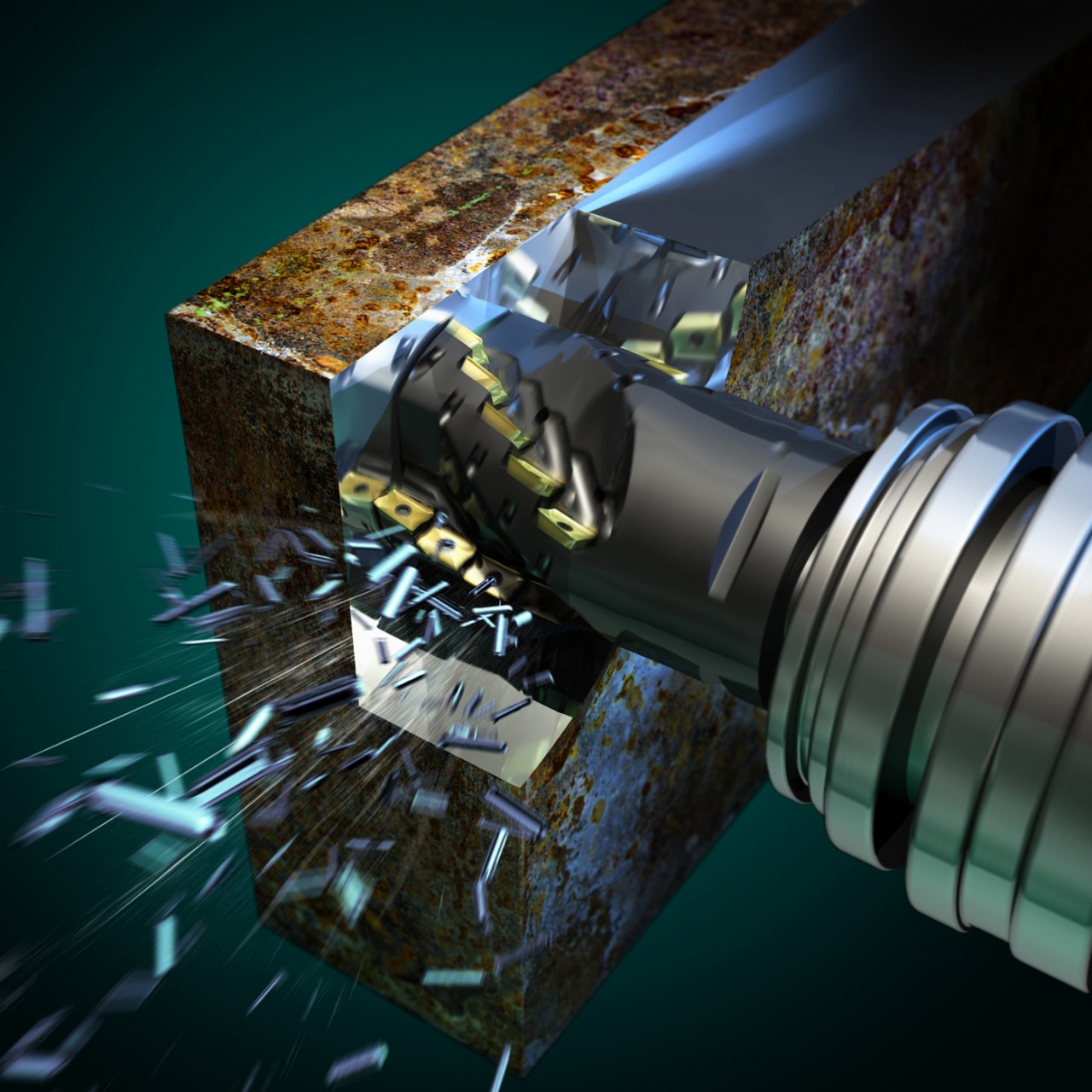 Turning lathe cutting though metal fräs stål järn rost borr