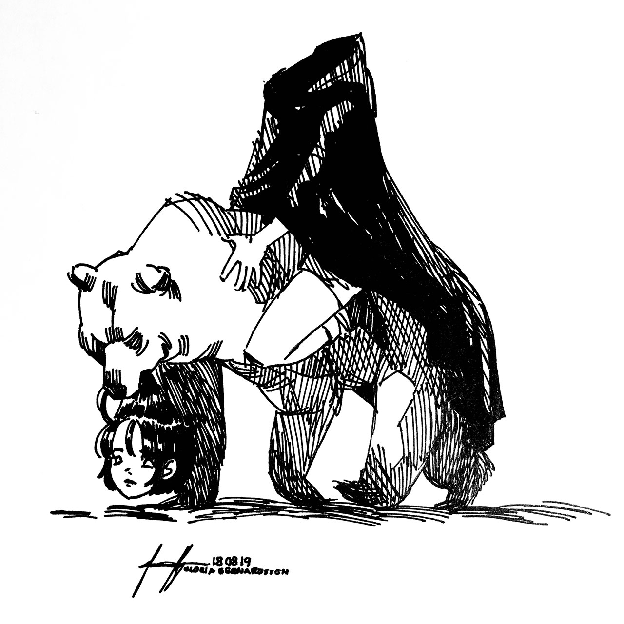 Drawing of headless girl sitting on bear Illustration av huvudlös flicka som rider på en björn