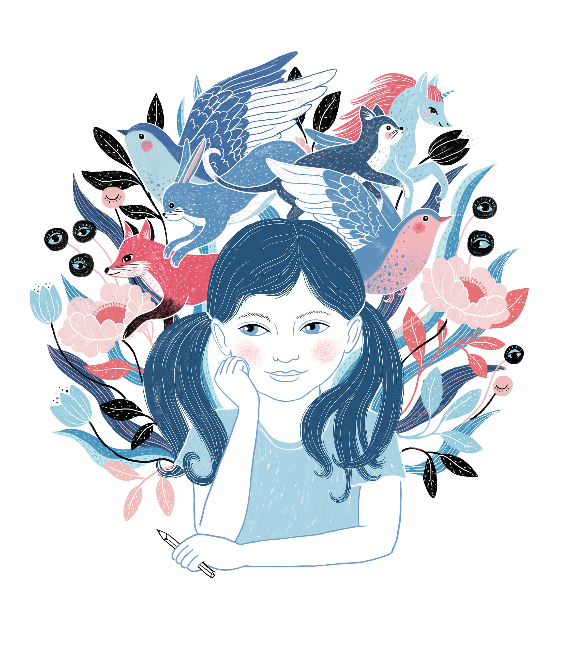  girl with pencil, girl with imagination