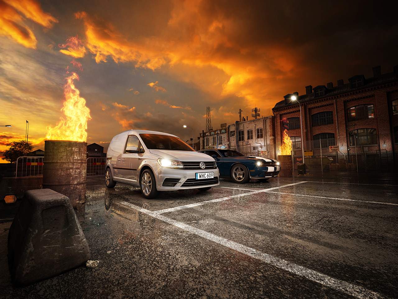 VW volkswagen caddy streetraceing in a industrial area, fire burning streetcars at night bilar industri kvarter  3d gaturace