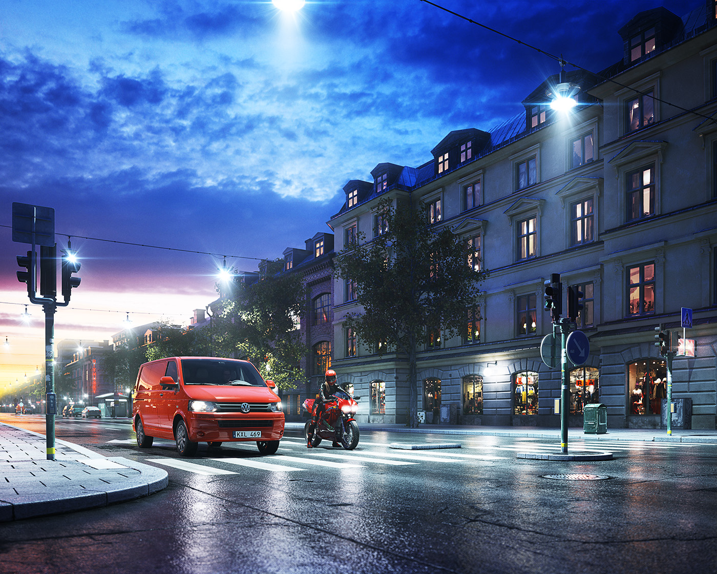 VW Volkswagen street racing car with a motorcycle bike on the street of söder stockholm at night in the rain. bilar racing åsögatan motorcykel 