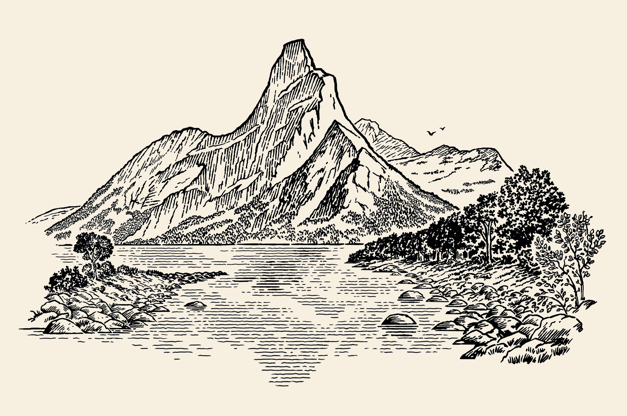 Illustration föreställande Norges nationalfjäll Stetind för etikett Akevitt Special.