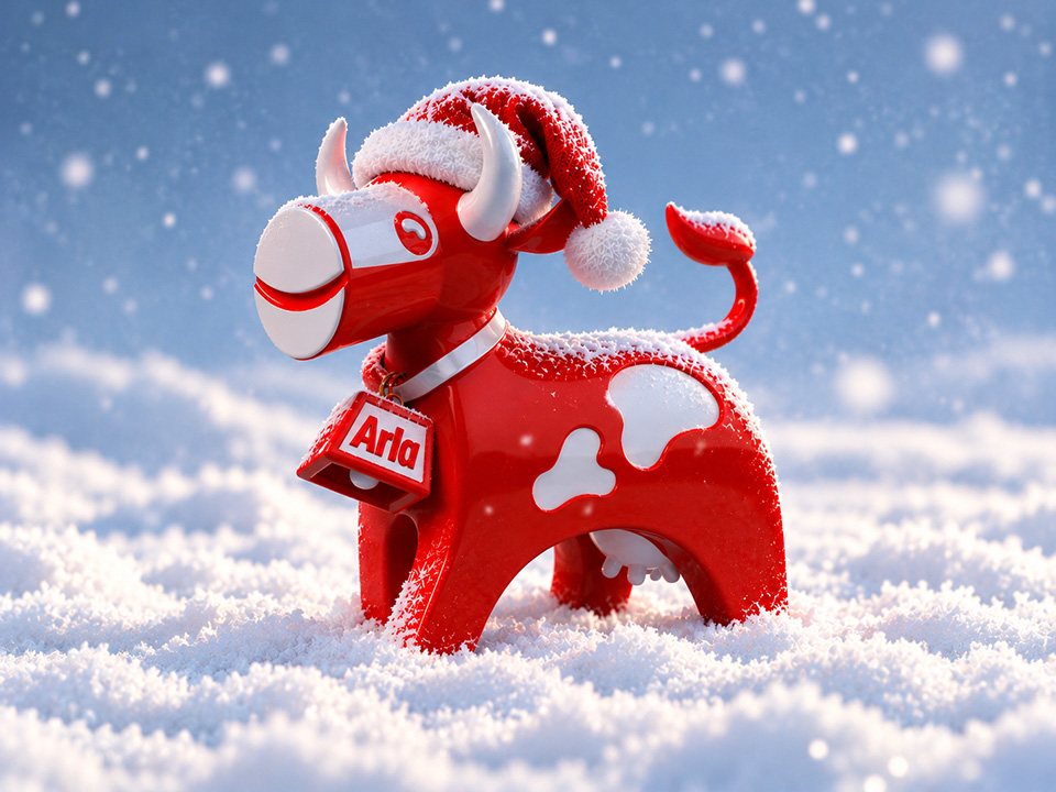 Arla milk cow in the snow at Christmas