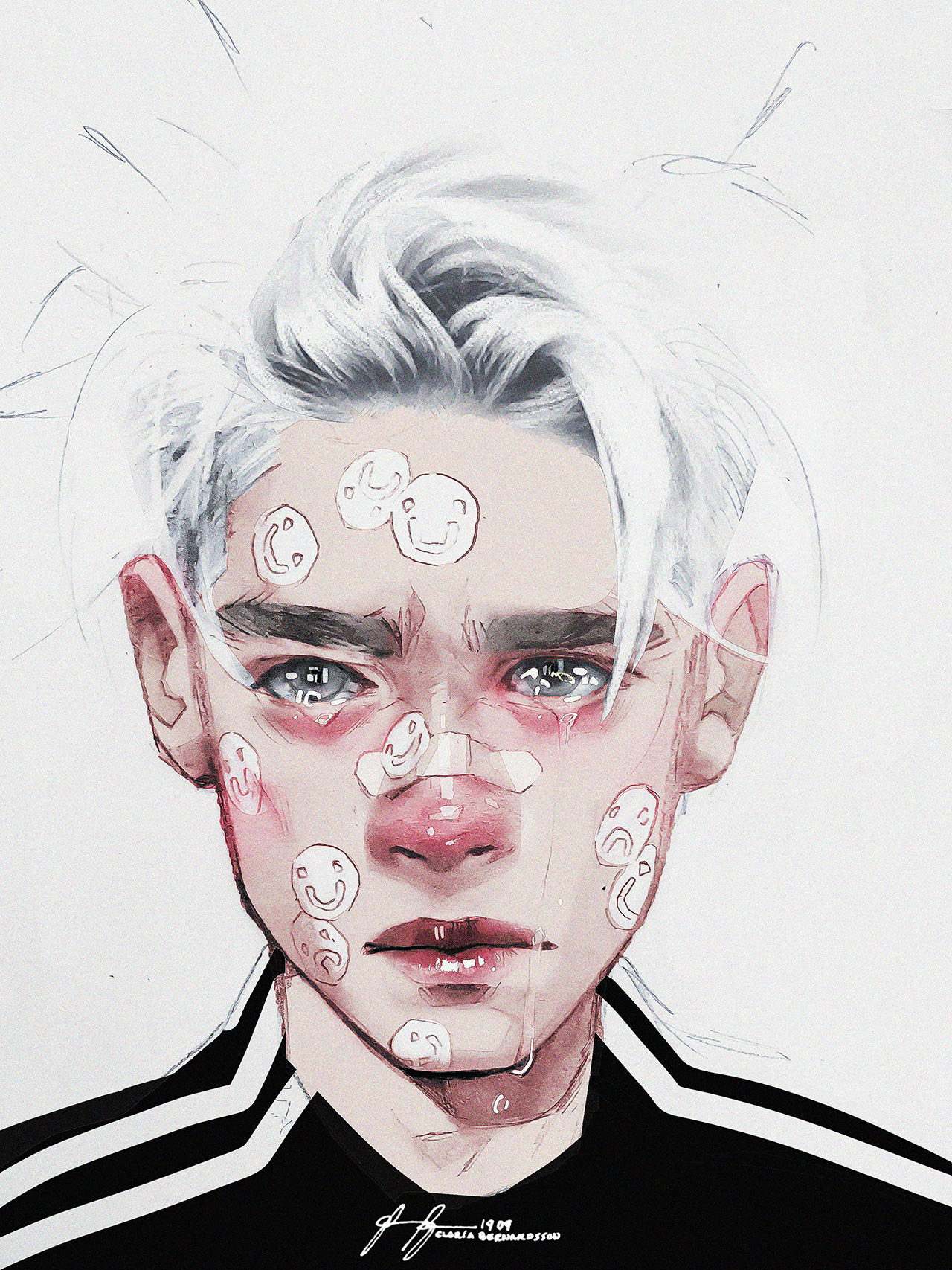 Illustration of crying boy with stickers on face Illustration av gråtande pojke med klistermärken i ansiktet