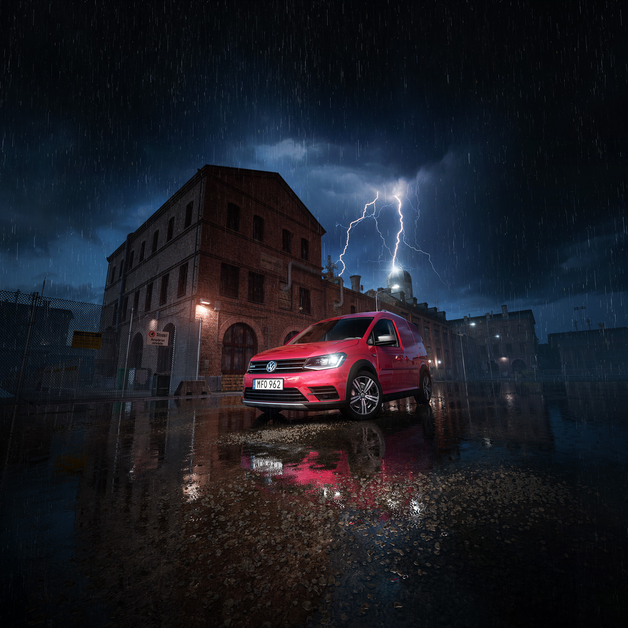 Volkswagen Caddy everything rack car in the industrial area of thunderstorms and rain