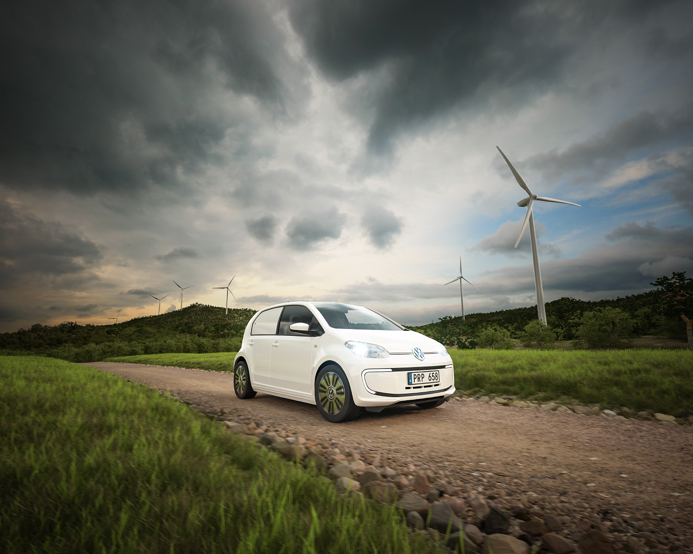 Volkswagen Eloadup pickup special edition wind power electric car at the countryside road drive with battery power. Elbil vindkraft landsväg hybrid 