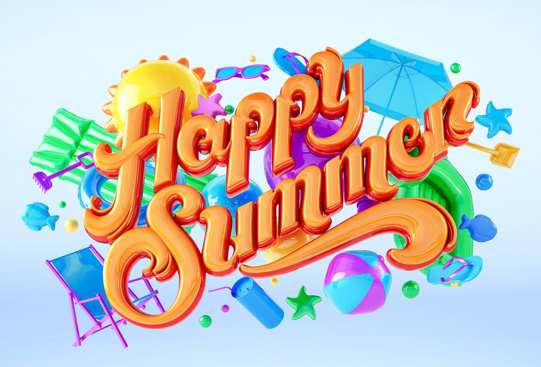 Happy Sommer logo with bath ball and toys like air mattres and shovel and bucket