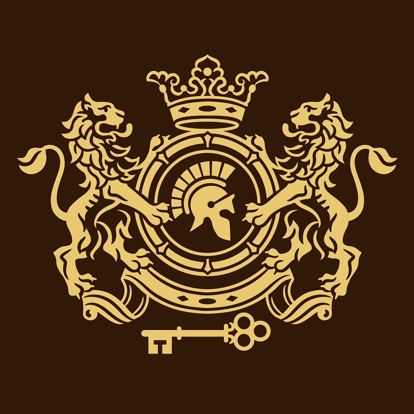 Illustration of a crest with lions, key and a greece helmet.