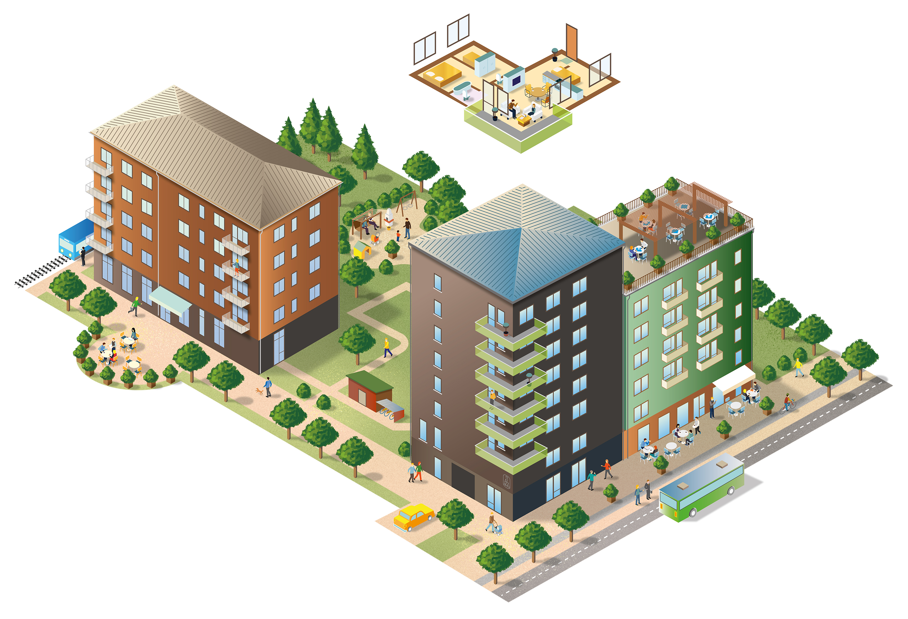 Illustration for JM Bygg with houses and people.