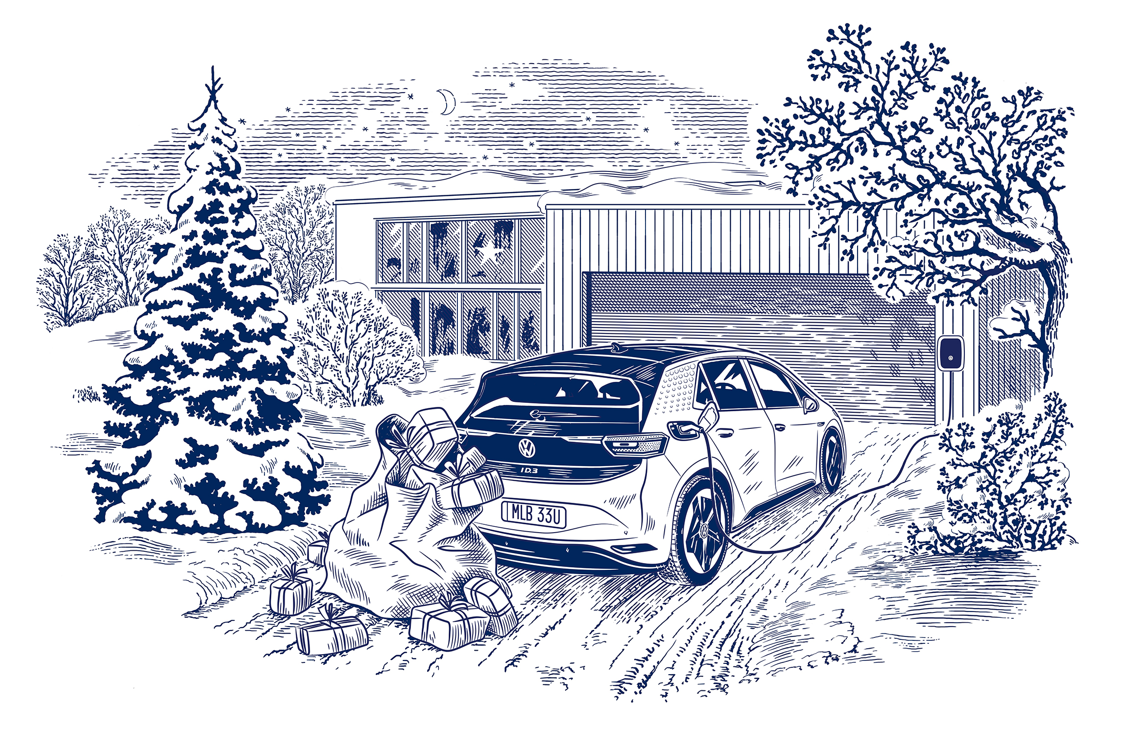 illustration VW car in snow christmas