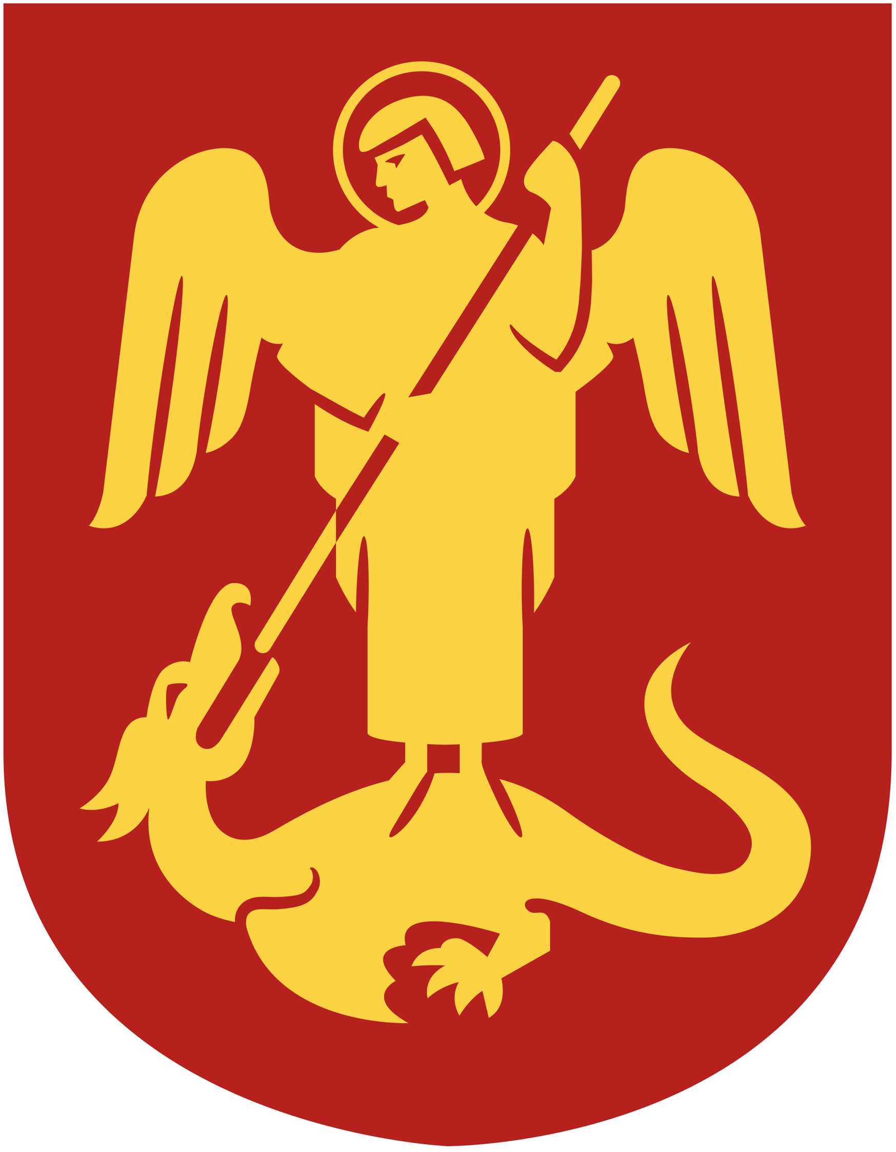 Illustration for a crest Mora Kommun with S:t Mikael and a dragon.