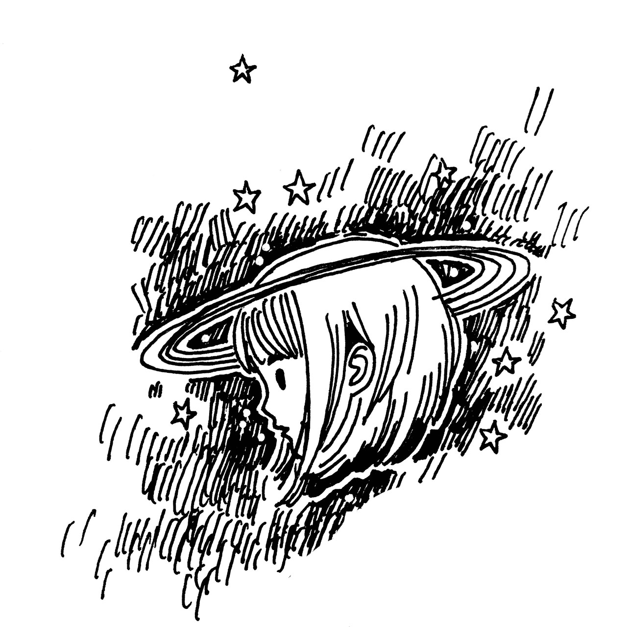 Drawing of girls head floating in space Illustration av flickas huvud som svävar i rymden