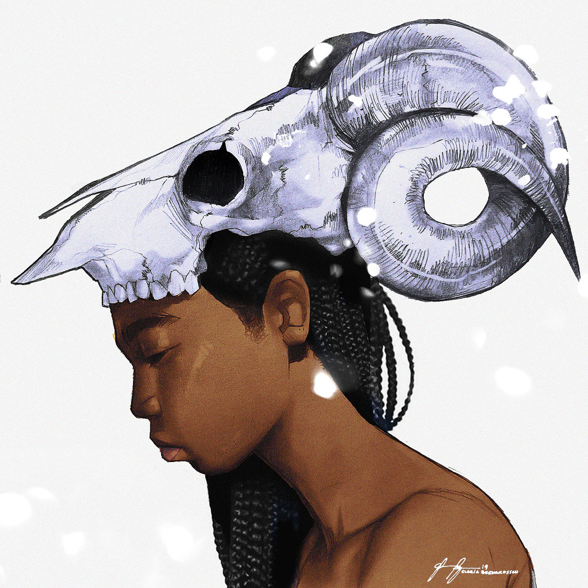 Drawing of girl with ram skull on head Illustration av kvinna med fårskalle på huvudet