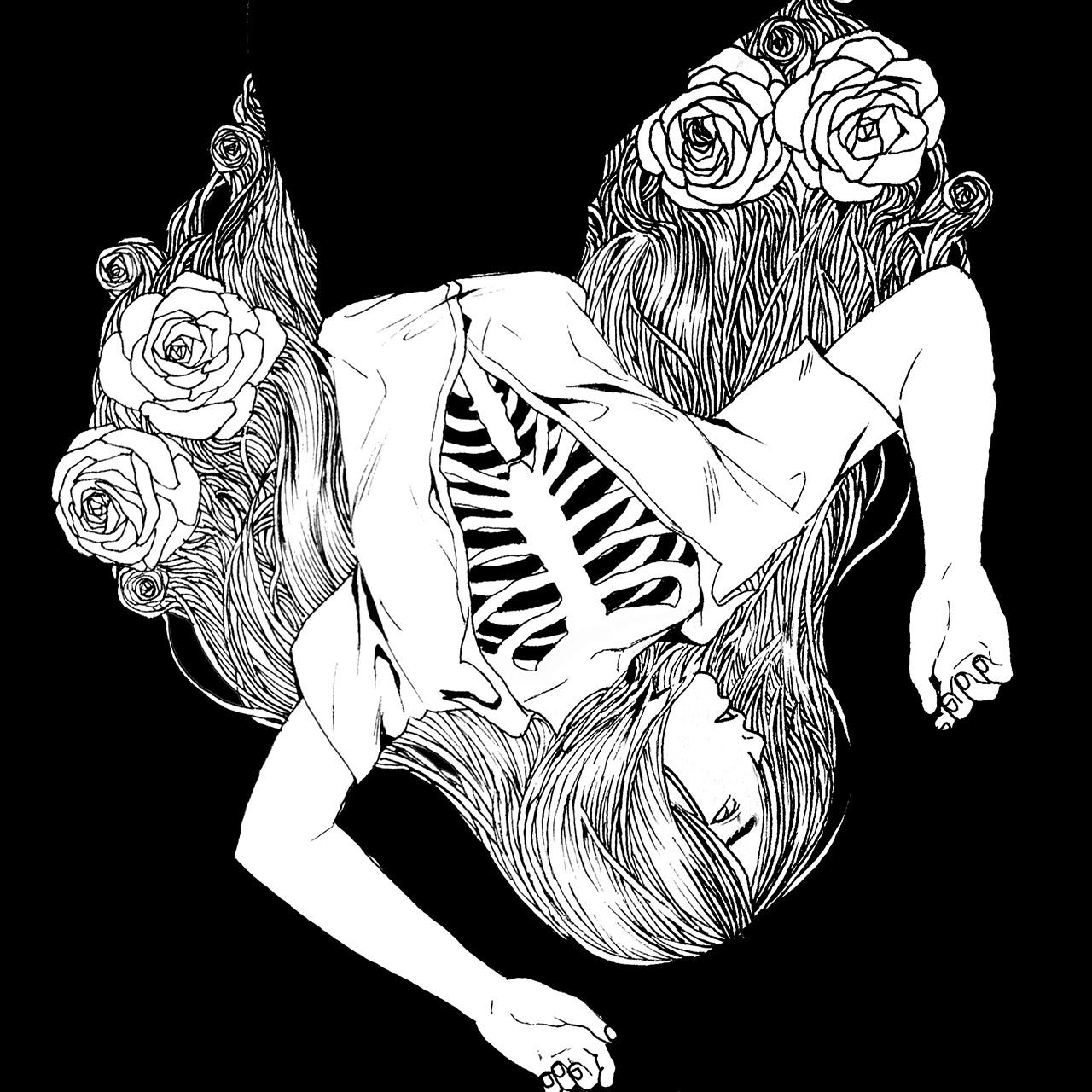 Illustration of girl with flowers in hair and visible ribcage Illustration av kvinna med blommor i håret och revbenen synliga