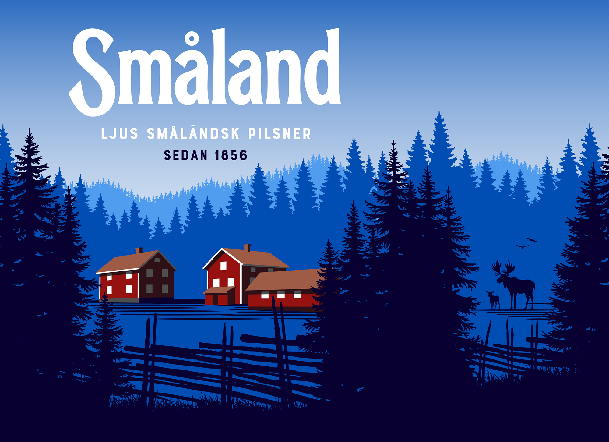 Illustration for a label with nature, houses, elks and dark forrest.
