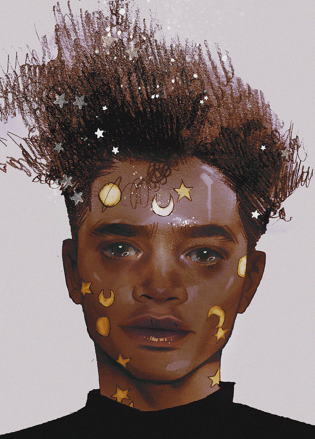 Drawing of boy with star stickers on face Illustration av ung man med klistermärken i ansiktet
