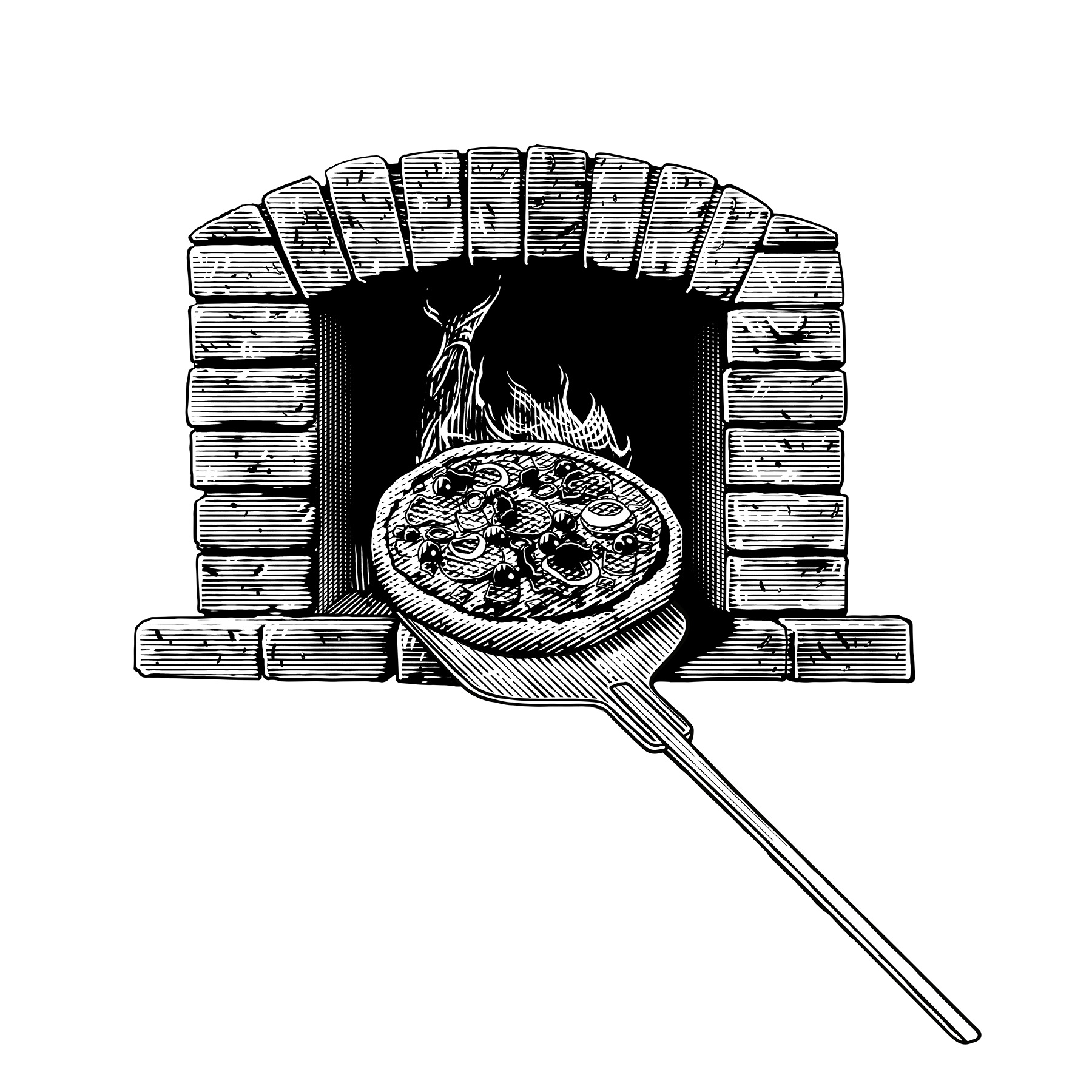 stone-baked pizza in the wood oven etching illustration in engraving style gravyr träsnitt 