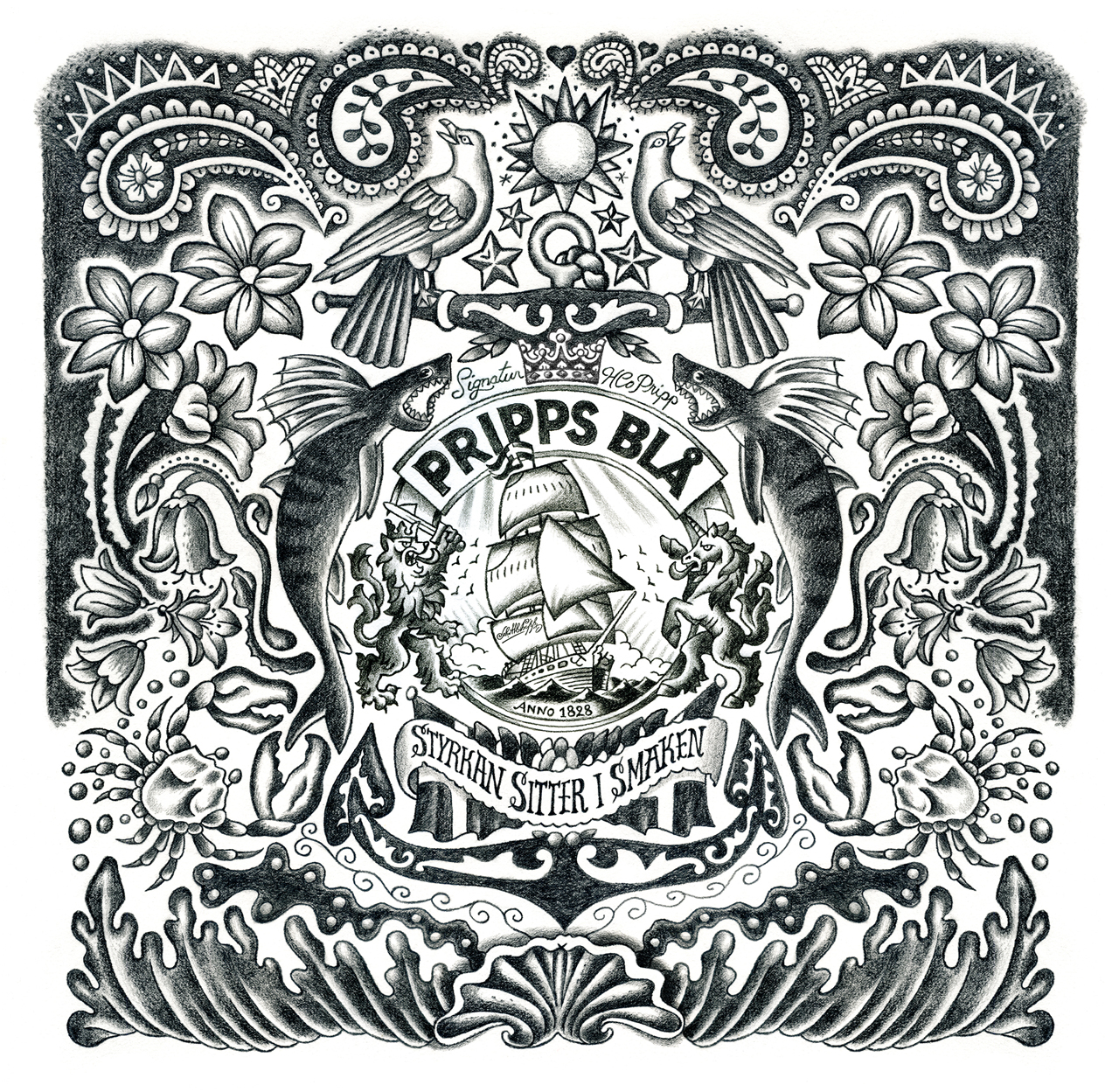 Illustration tatoo for a beer label Pripps Blå