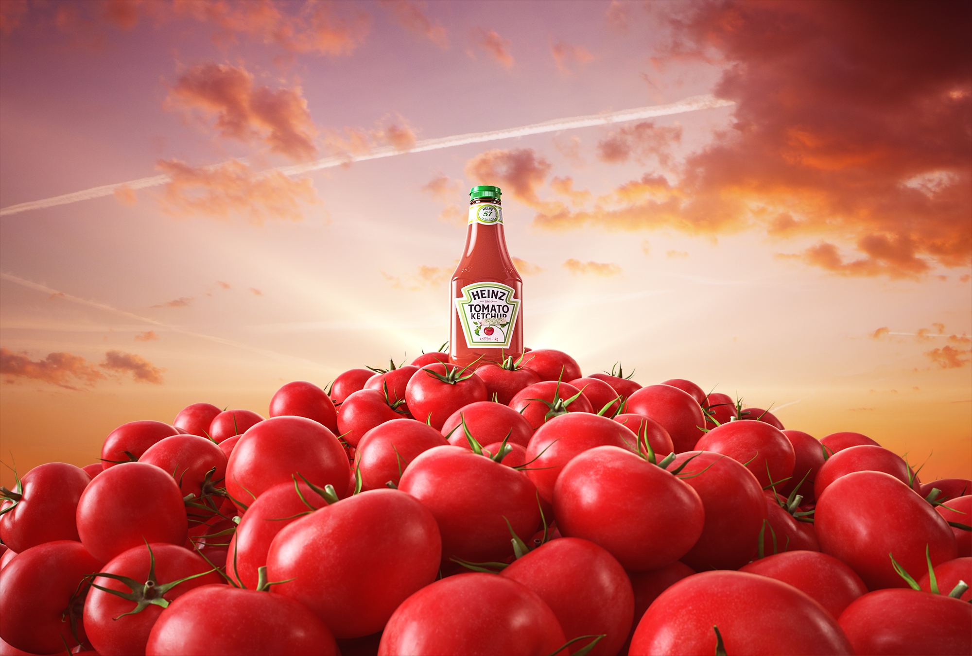 A mountain of tomatoes with a bottle of heinz ketchup on top