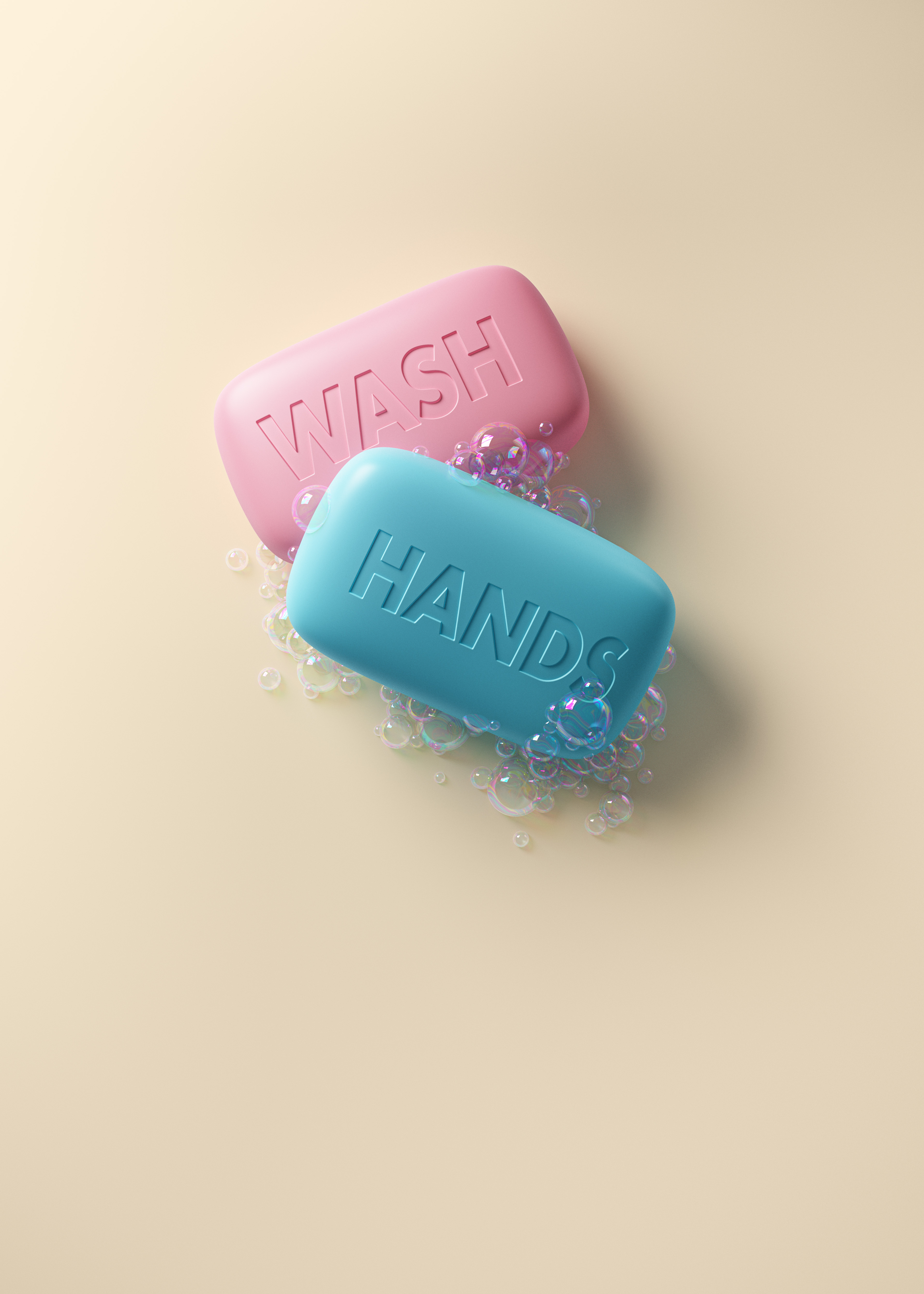 Two soaps with the text wash hands, and soap bubbles bubblor såpa tvål händer