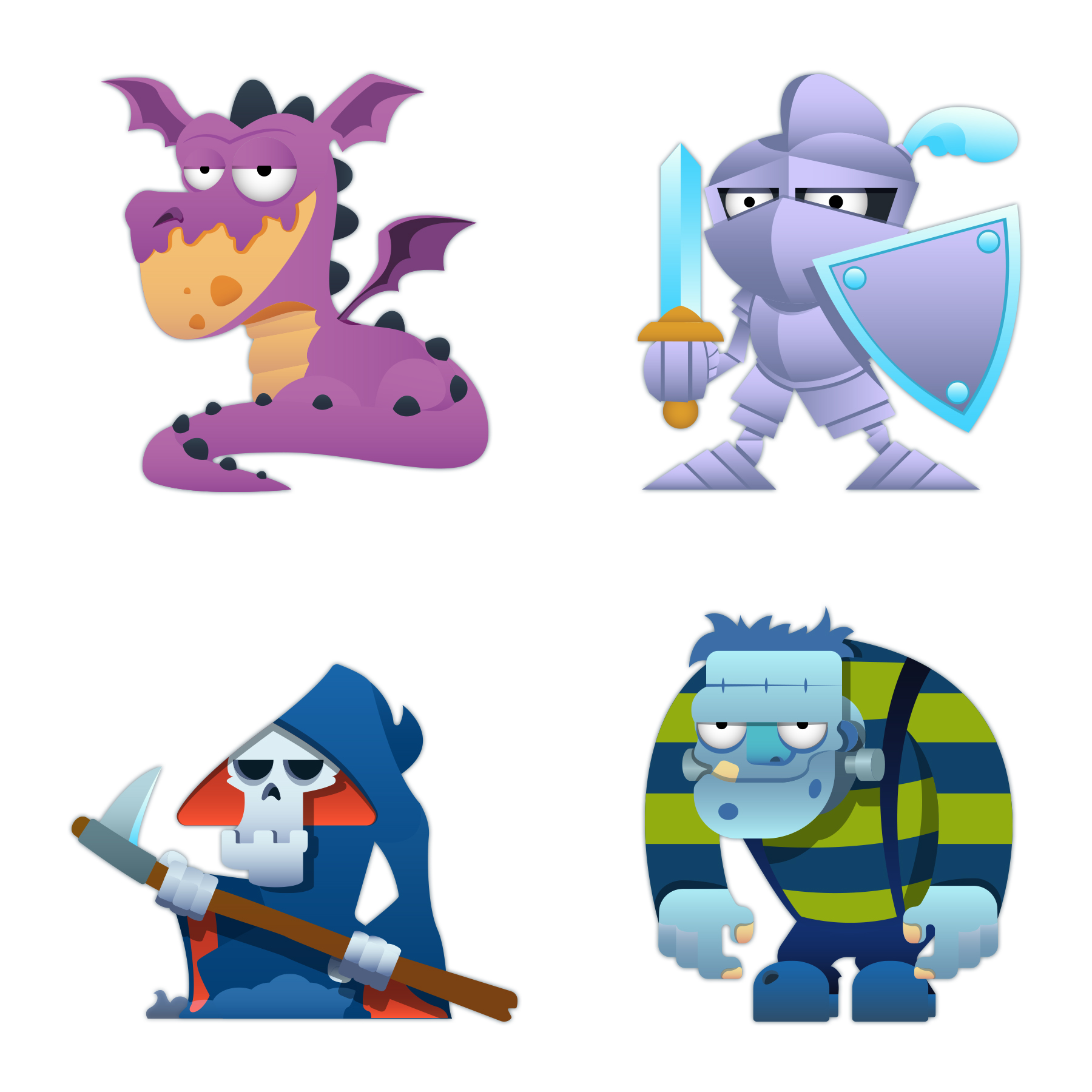 WordBrain Characters icons to the mobile game Wordbrain and word brain themes with different kinds of character design illustrations of fantasy creatures and animal icons in vector graphic